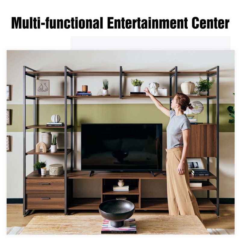 Entertainment Center Industrial Metal Frame Wood Toned Mixed Storage