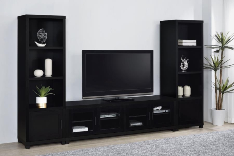 Entertainment Center Media Towers Glass Front Doors Symmetrical Black Set