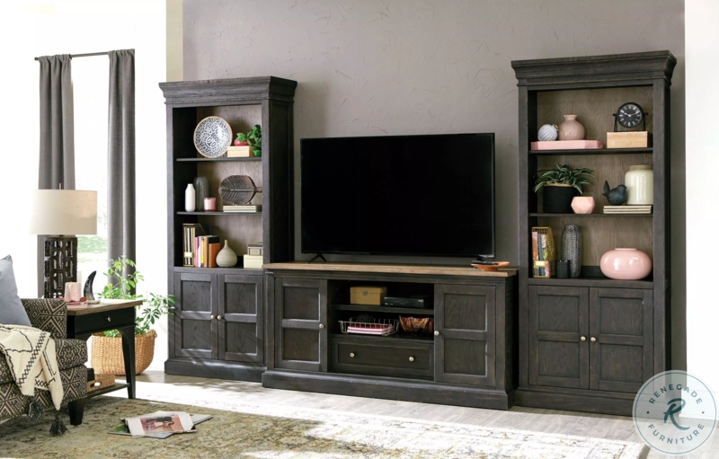 Entertainment Center Three Piece Set Charcoal Wood Toned Backing