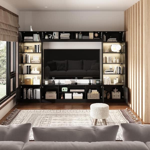 Entertainment Center Wall Spanning Silhouette Integrated LED Bookshelves