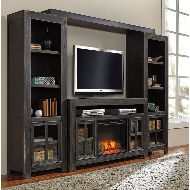 Entertainment Center Weathered Finish Integrated Fireplace Side Piers Rustic