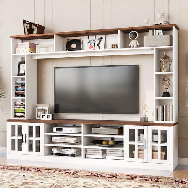 Entertainment Center White Bridge Hutch Paned Glass Doors