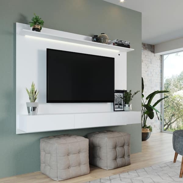 Entertainment Center White Floating Drawers Integrated LED Tufted Detail