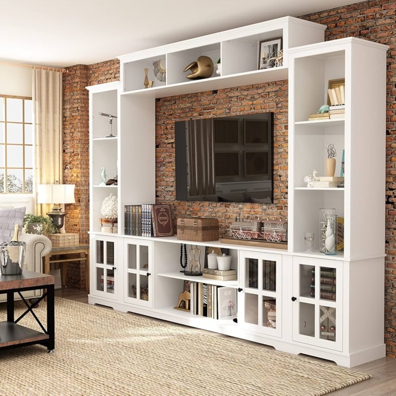 Entertainment Center White Modular Set with Muntin Glass Doors