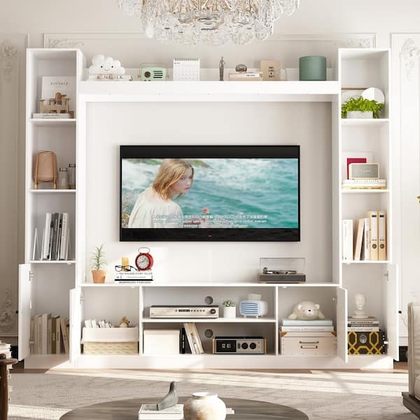 Entertainment Center White Symmetrical Wall-Spanning Design with Bridge