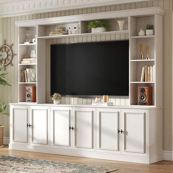 Entertainment Center White Wall Unit with Bridge Shelf & Recessed Panels