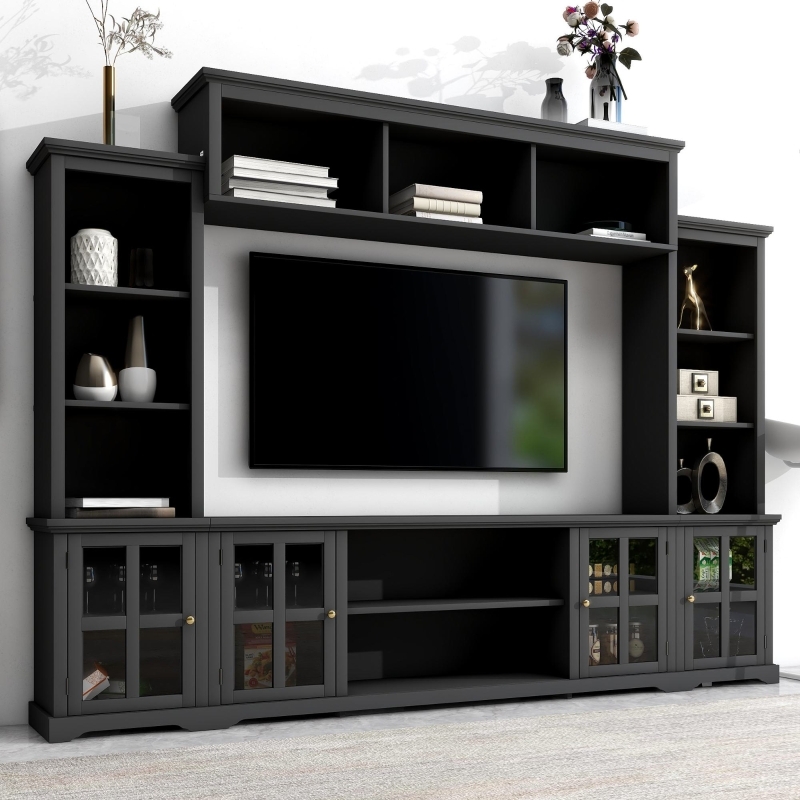 Entertainment Center with Bridge Shelf and Windowpane Glass Doors