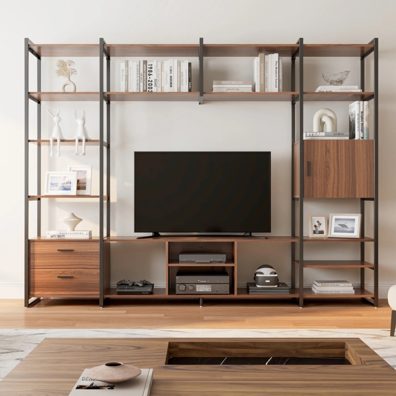 Entertainment Center with Bridge Shelving, Industrial Media Wall Unit