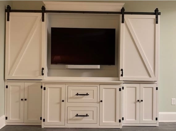 Entertainment Center with Integrated Hutch and Black Hardware Contrast