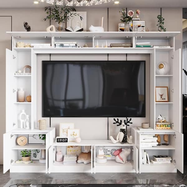 Entertainment Center with Integrated Lighting, High Gloss White Wall Unit