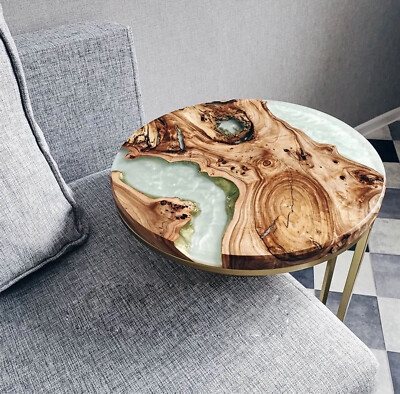 Epoxy Resin Accent Table, Live Edge Wood with Slender Gold Legs