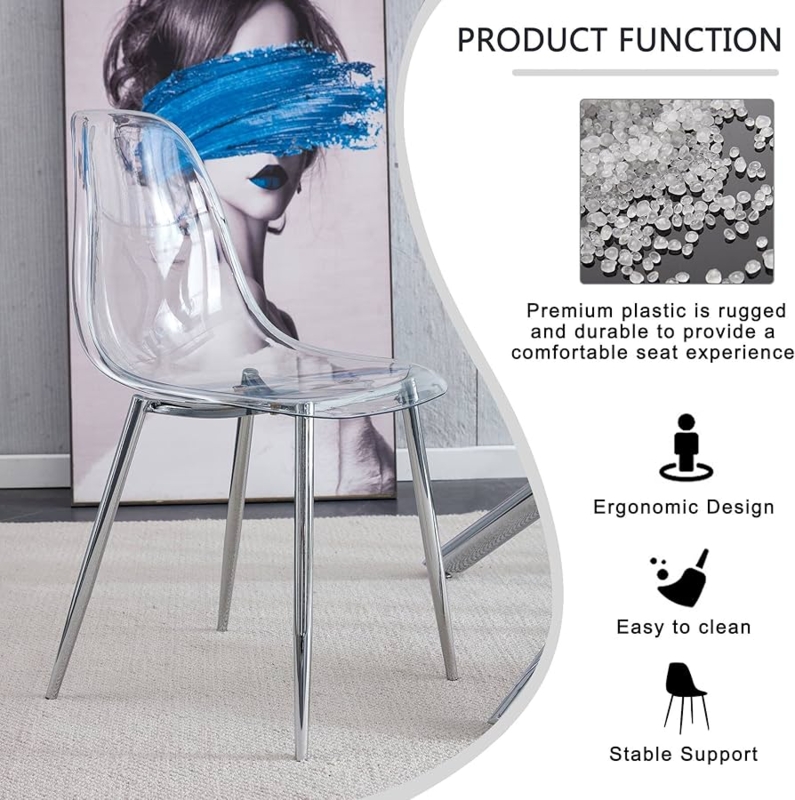 Ergonomic Bucket Seat Dining Chair, Acrylic with Chrome Legs