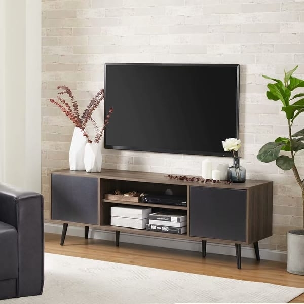 Espresso and Black TV Stand with Sliding Doors and Tapered Legs