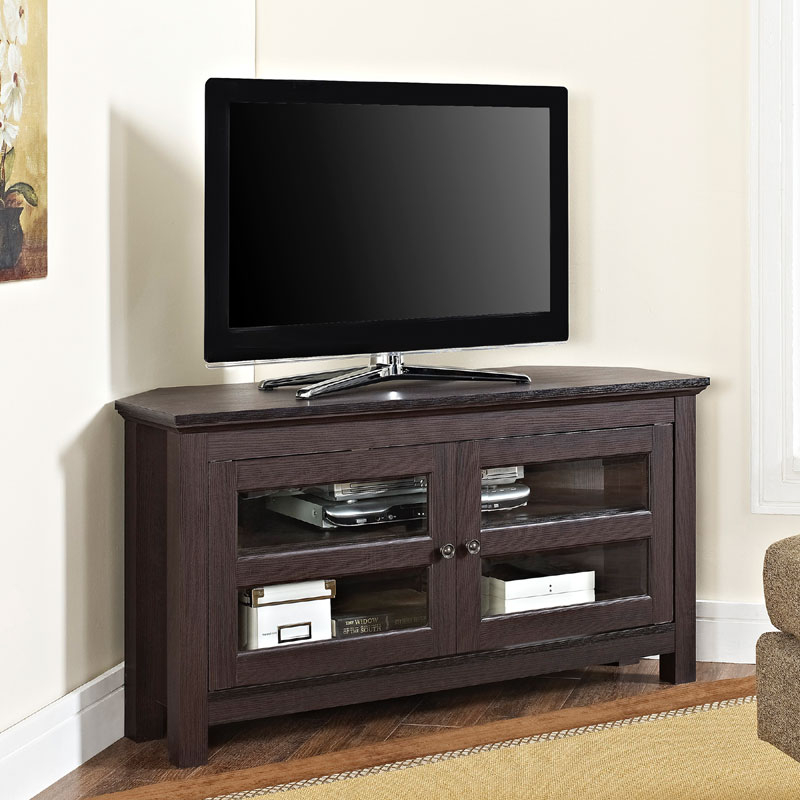 Espresso Corner TV Stand with Glass Paned Doors and Mullions
