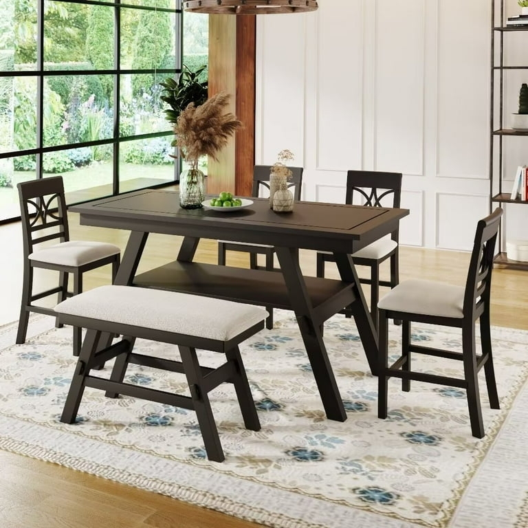 Espresso Counter Height Dining Set with Lattice Back Chairs & Shelf