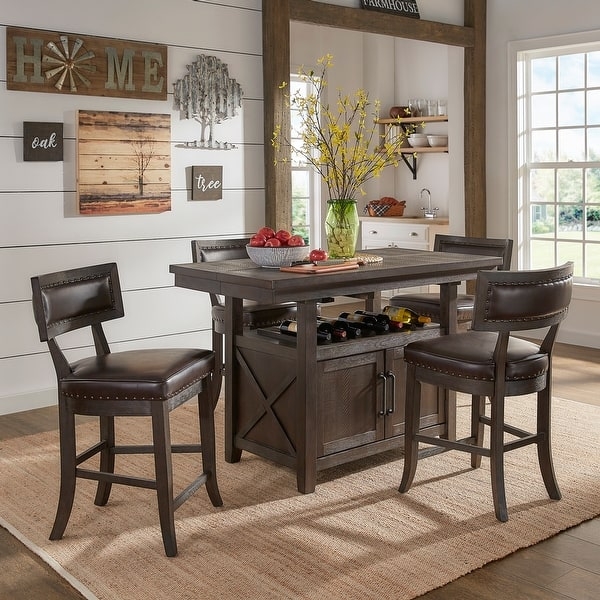 Espresso Counter Height Dining Table Set Storage Base Nailhead Trim