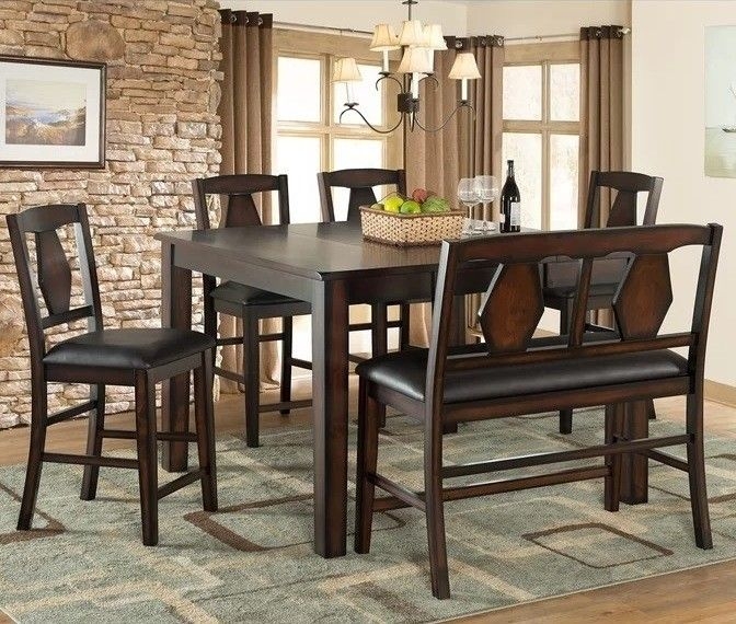 Espresso Dining Set Featuring High-Back Bench & Geometric Cutouts