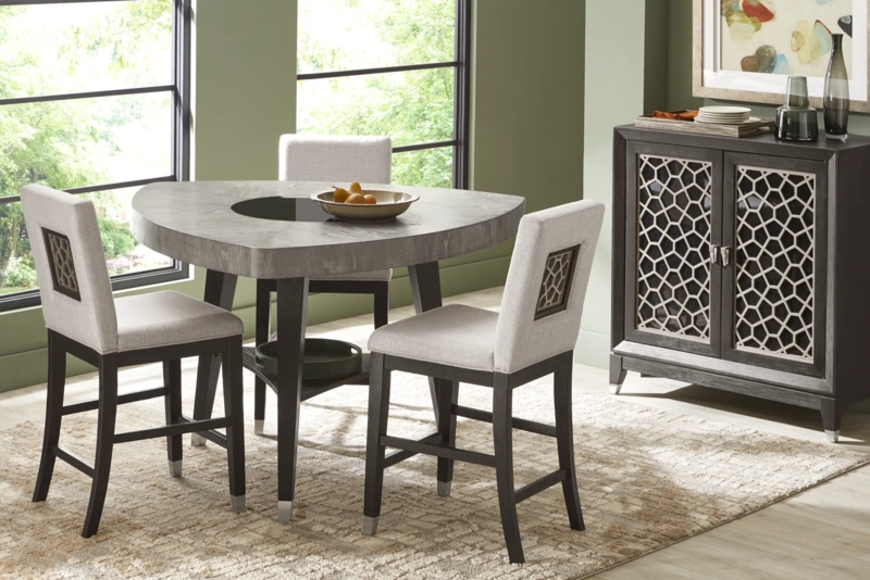 Espresso Dining Set, Gray, Triangular Table Top, Fretwork Backs.