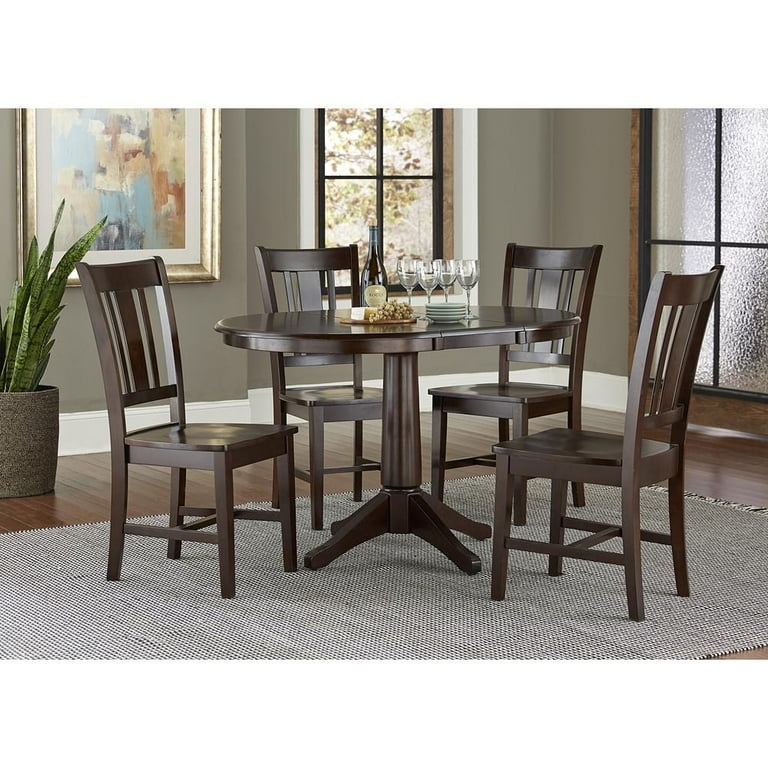 Espresso Dining Set Round Pedestal Table Extension Leaf Mission Style