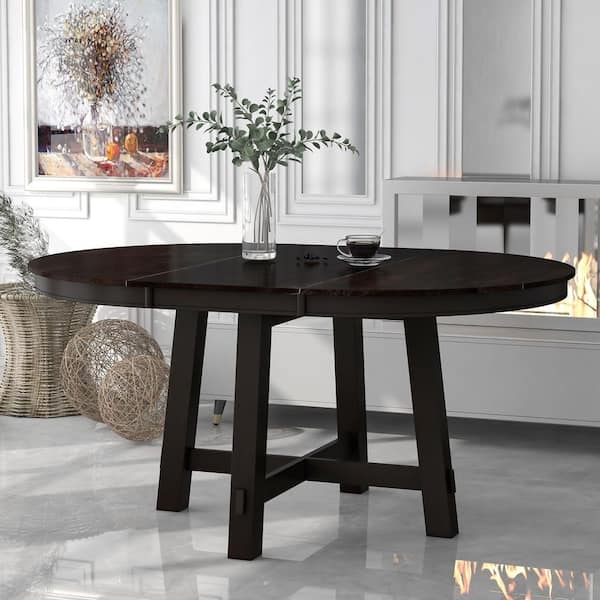 Espresso Extendable Dining Table Round X-Base Trestle Transitional