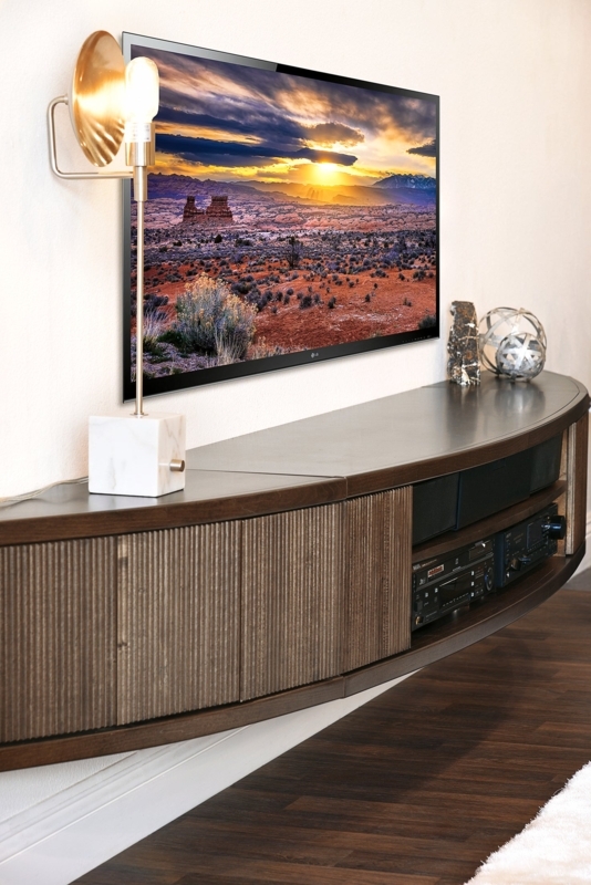Espresso Floating TV Stand Curved Silhouette Ribbed Front Open Shelving