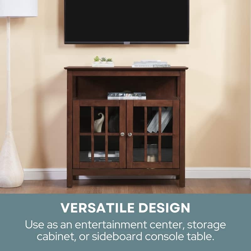 Espresso Highboy Tv Stand Windowpane Glass Doors Transitional Console
