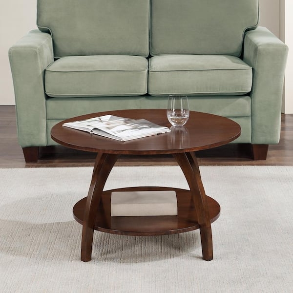Espresso Round Coffee Table with Lower Shelf and Four-Leg Design
