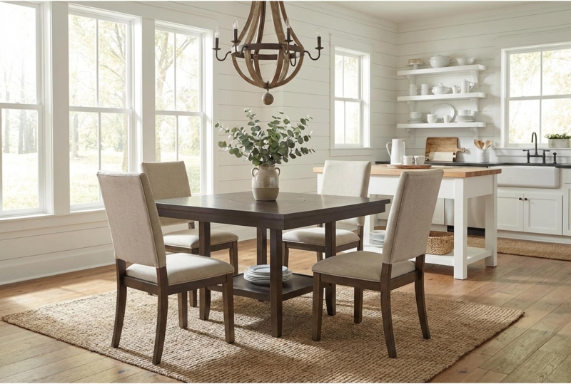 Espresso Square Dining Set with Upholstered Chairs and Shelf