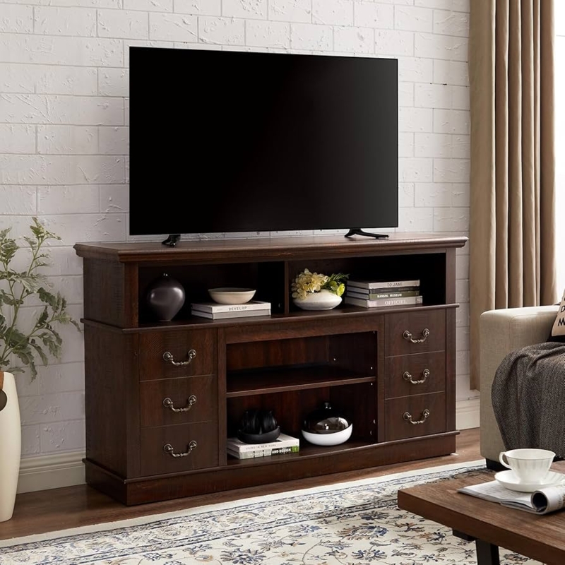 Espresso TV Stand with Ornate Hardware and Multiple Drawers
