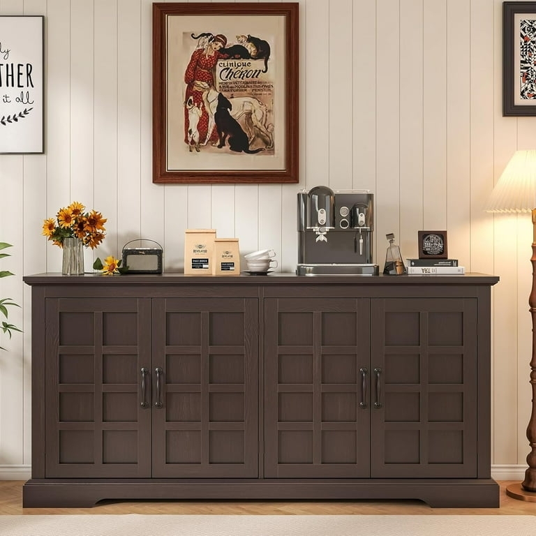 Espresso Wood Storage Cabinet with Grid Panels