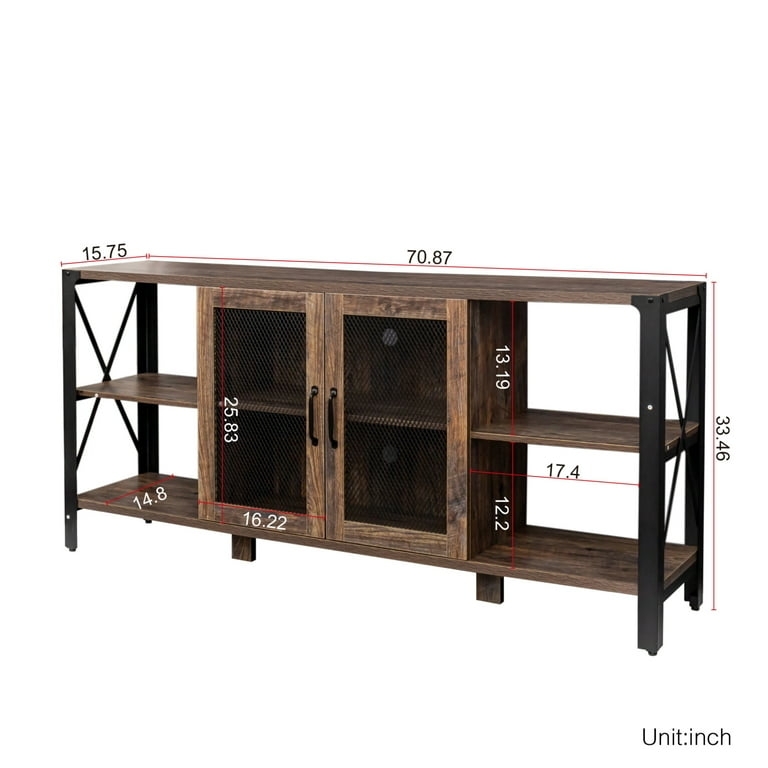 Espresso wood TV stand with long industrial profile and mesh.