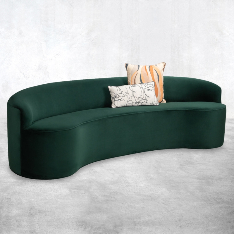 Evergreen Velvet Curved Sofa Serpentine Form Block Base