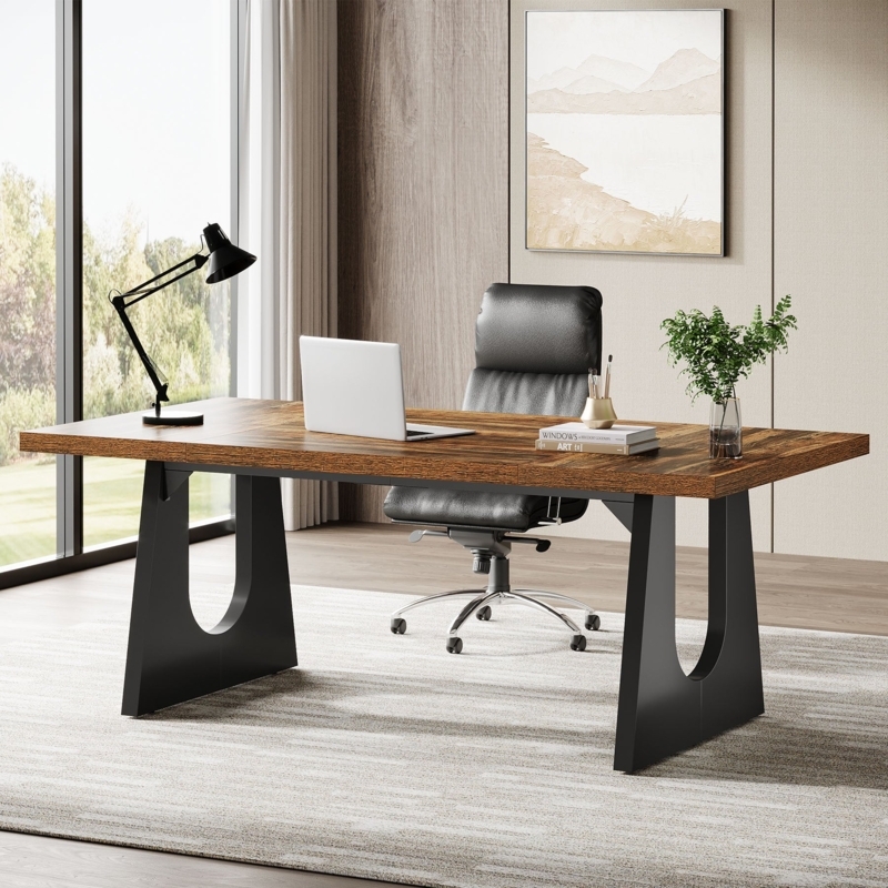 Executive Desk Black U-Shaped Legs Architectural Base Thick Top