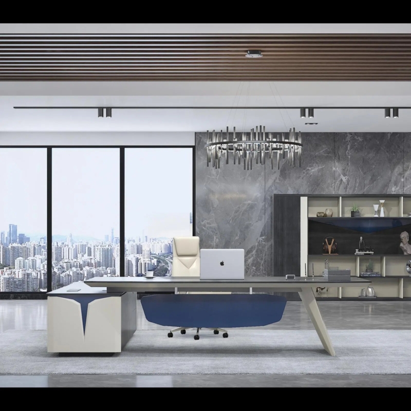 Executive Desk Blue Privacy Panel Angled Pedestal Leg Asymmetric Design