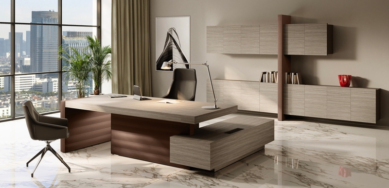 Executive Desk Cantilevered Top Layered Architectural Base Wood Toned