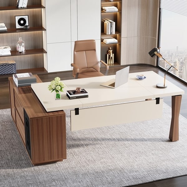 Executive Desk Cream Modesty Panel Tapered Legs Two-Tone Finish
