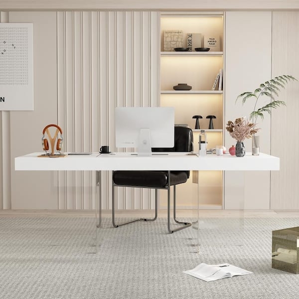 Executive Desk Floating Effect Glass Legs White Minimalist Workspace