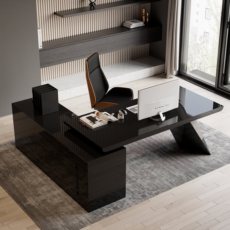 Executive Desk, Glossy Finish, Angled Geometric Leg, L-Shaped