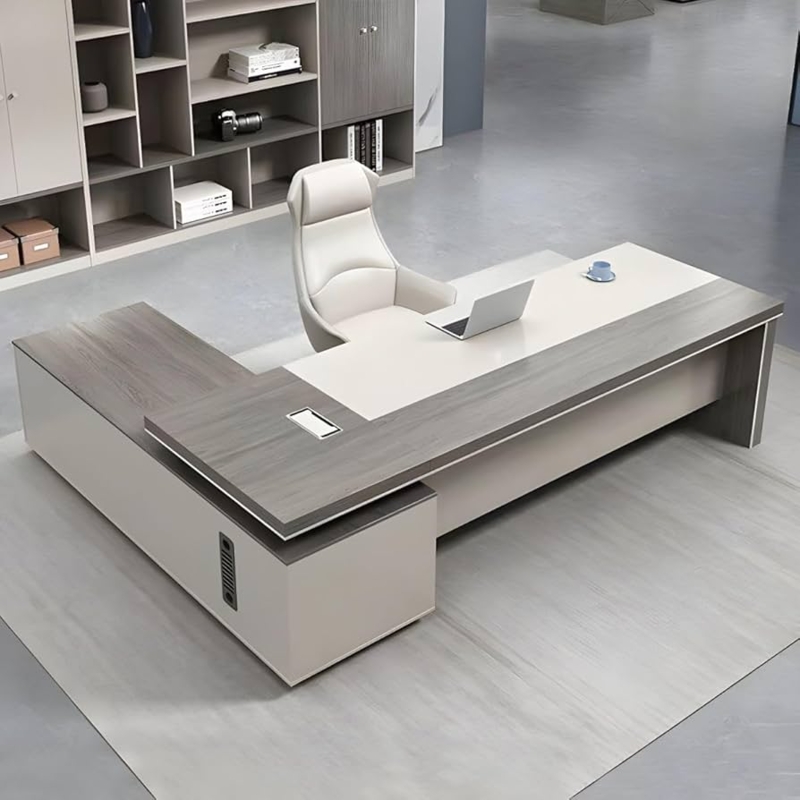 Executive Desk Gray and Cream Two-Tone Finish Integrated Pedestal Base