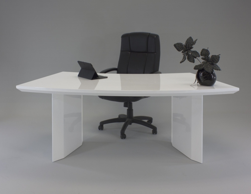 Executive Desk High Gloss White Finish Curved Concave Front
