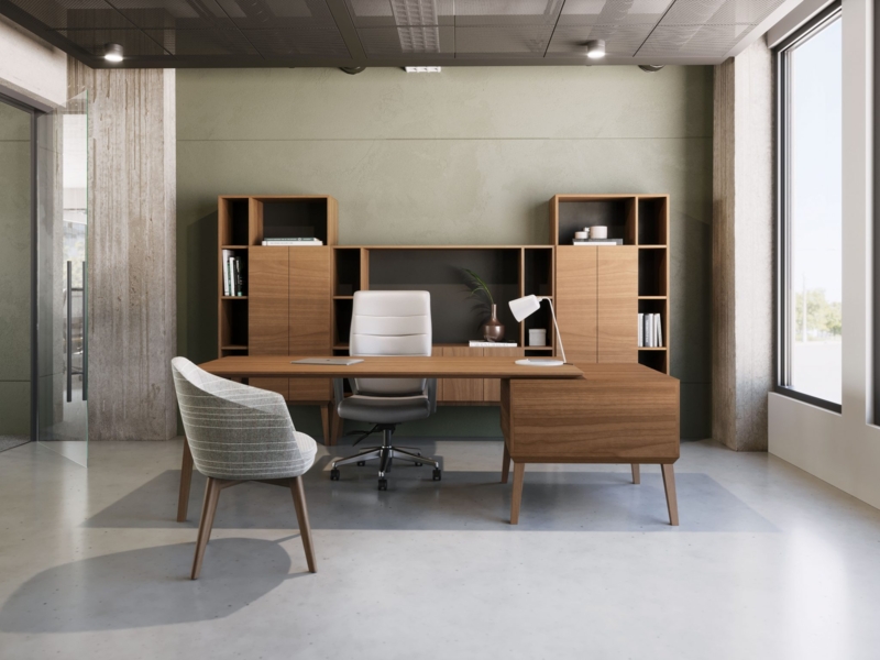 Executive Desk Mid-Century Modern Tapered Legs Wood Toned Finish