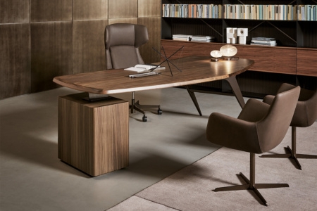 Executive Desk Organic Shaped Top Asymmetrical Pedestal Base Walnut