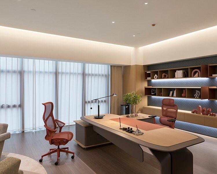 Executive Desk Sculptural Base Curved Edge Terracotta Tones Luxury