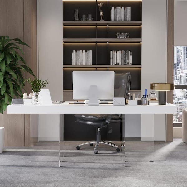 Executive Desk Thick White Top Glass Slab Legs Floating Office