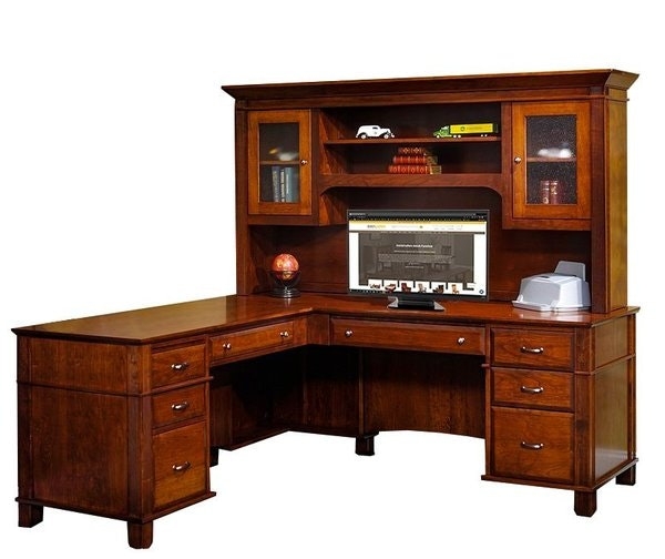 Executive L-Shaped Desk Hutch, Textured Glass Cabinets, Dark Wood