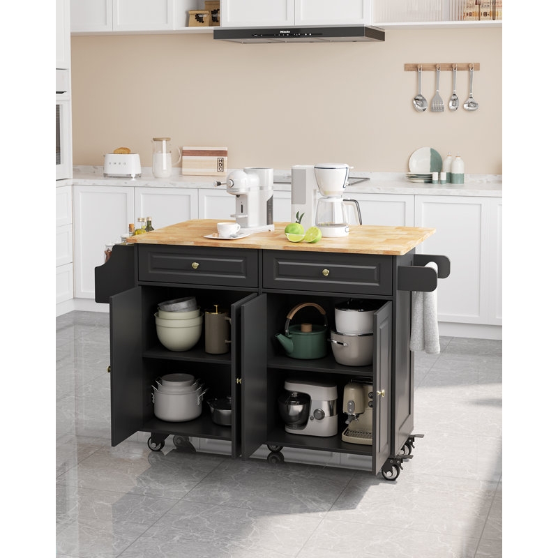 Expandable Black Kitchen Cart with Drop Leaf and Matte Finish