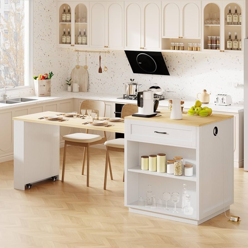 Expandable Dining Island With Integrated Side Shelving White Wood