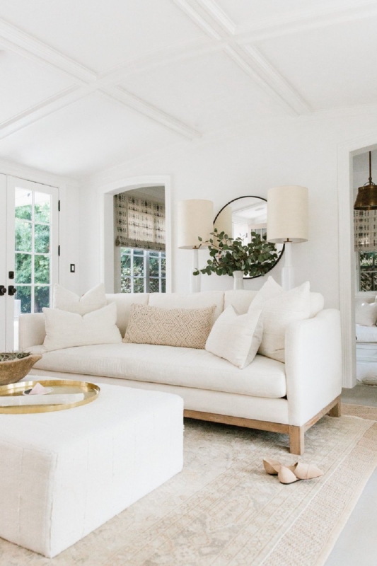 Exposed Wood Base Sofa with Three-Cushion Seat and Linen-Like Fabric