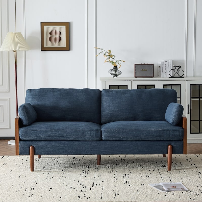 Exposed Wood Frame Sofa, Denim Blue, Bolster Pillows, Retro