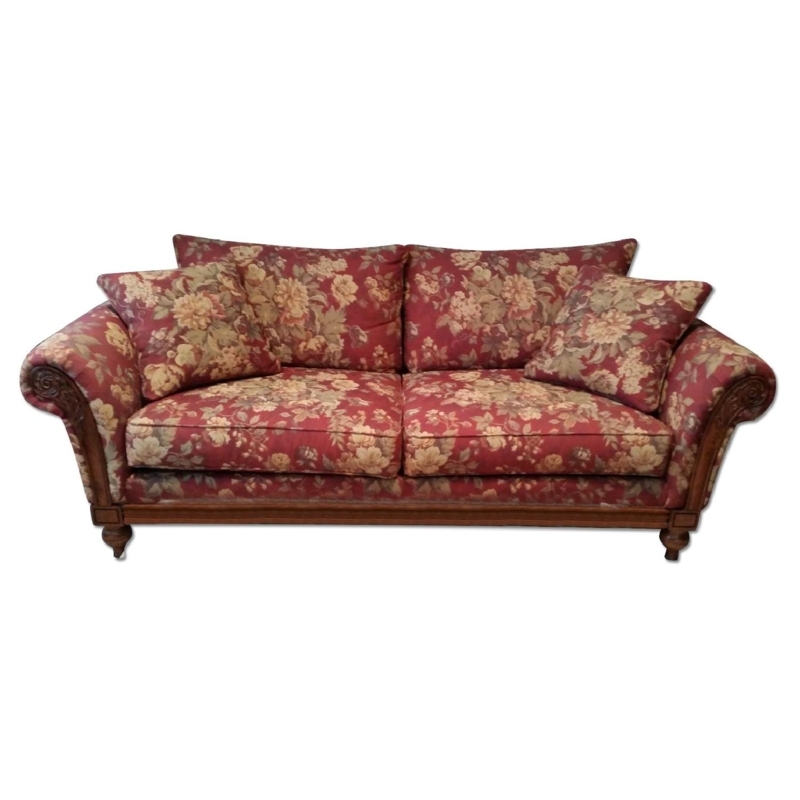 Exposed Wood Frame Sofa with Red Floral Pattern and Rolled Arms
